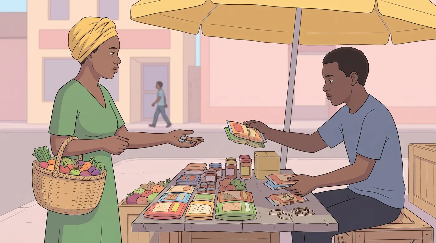 A young trader at his stall hands a packet to a woman with a basket of vegetables.