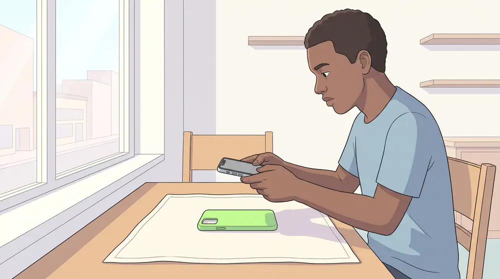 A young man at a table working on his phone.