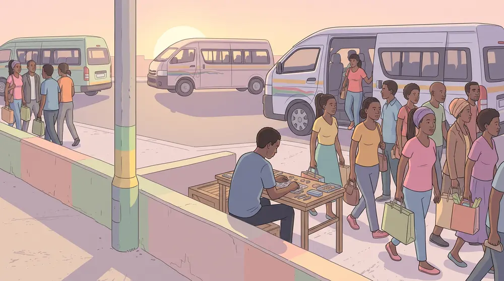 A trader sells from a small table beside a busy taxi rank at sunset.