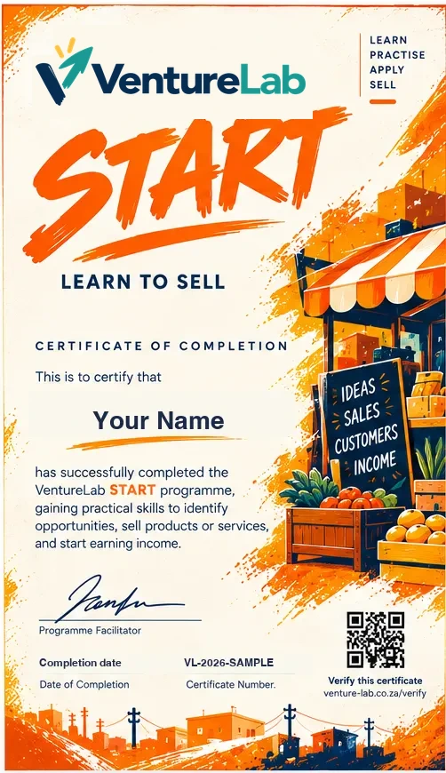 Sample START certificate: Learn to Sell, certificate of completion.